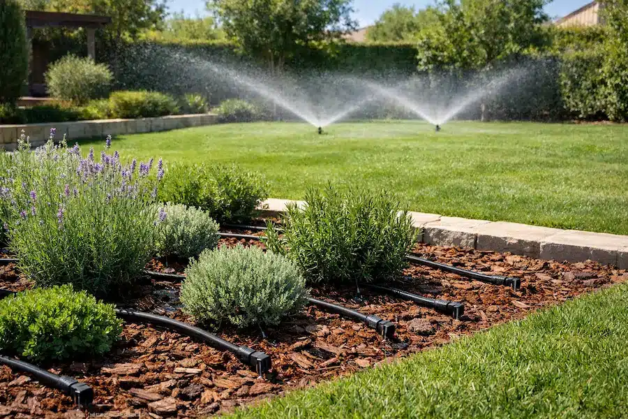 Jardín residencial en Madrid con zona de plantas mediterráneas regadas mediante sistema de riego por goteo sobre acolchado de corteza y, al fondo, césped natural siendo regado con aspersores en funcionamiento.