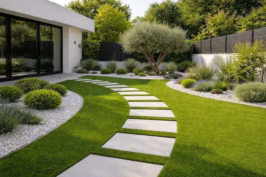 Jardín residencial moderno en Madrid con césped artificial verde intenso y camino curvo de losas de piedra clara, rodeado de grava blanca, plantas mediterráneas y un pequeño olivo ornamental bajo luz natural de mañana.