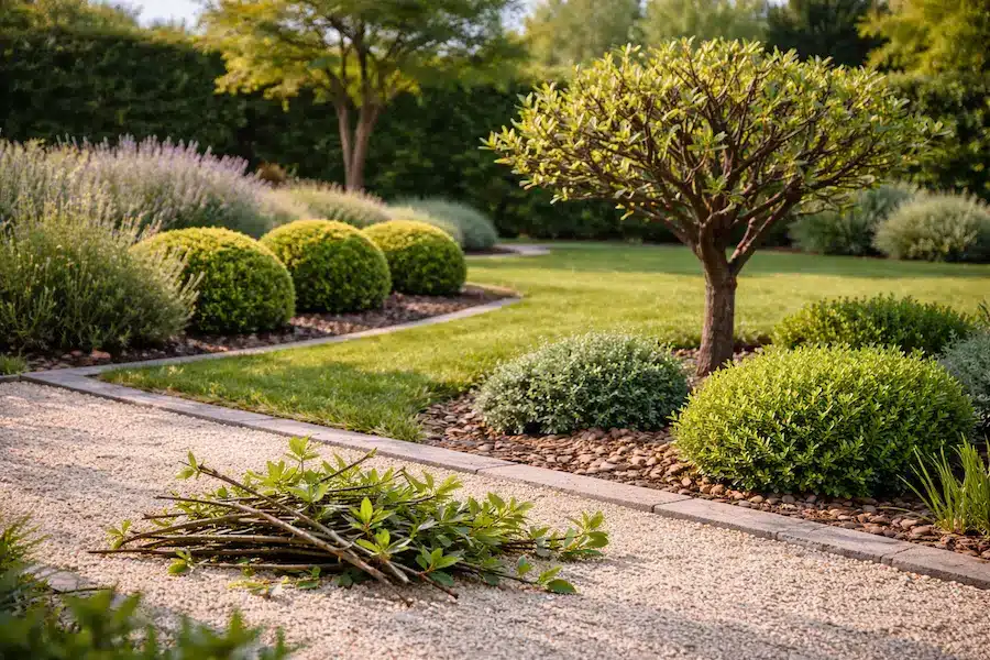 Jardín residencial en Madrid tras una poda de primavera, con arbustos y árboles ornamentales recién podados y brotes verdes nuevos.