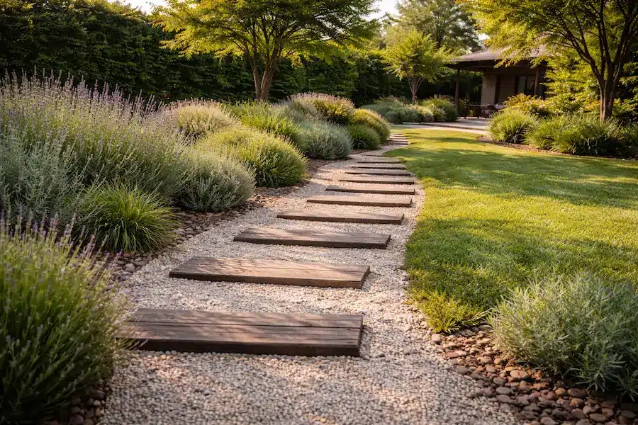 Sendero de jardín en Madrid construido con traviesas de madera sobre grava clara, rodeado de plantas mediterráneas y diseño de paisajismo natural.
