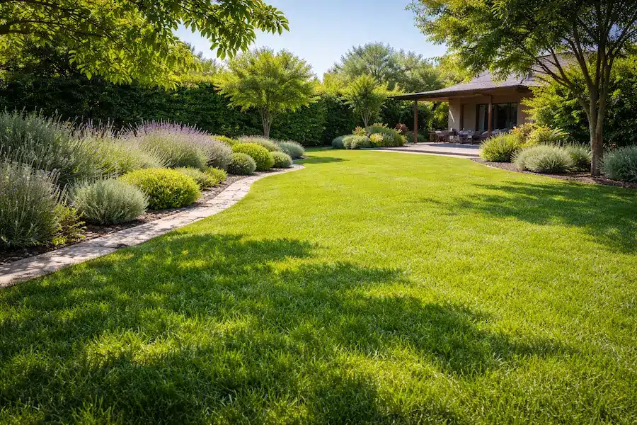 Jardín residencial en Madrid con una amplia zona de césped natural verde y fresco en verano, rodeado de plantas mediterráneas y sendero de piedra.