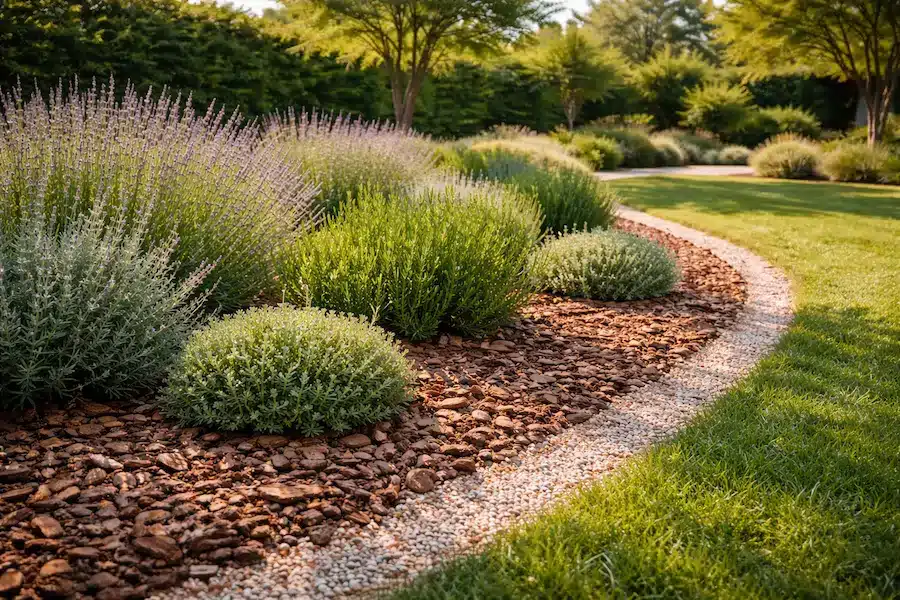 Parterre de jardín en Madrid con acolchado de corteza de pino alrededor de plantas mediterráneas, técnica de jardinería para conservar la humedad del suelo en verano.