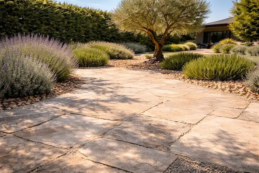 Suelo de piedra y grava en un jardín de Madrid bajo sol intenso de verano, mostrando una superficie caliente rodeada de plantas mediterráneas resistentes.