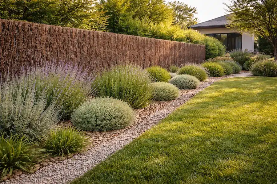Valla de jardín en Madrid cubierta con brezo natural para ocultación, rodeada de plantas mediterráneas y diseño de paisajismo residencial