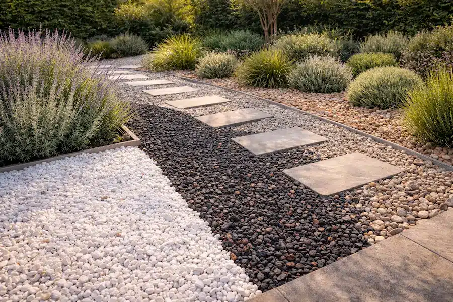 Zonas de jardín en Madrid con diferentes tipos de grava decorativa: grava blanca, grava volcánica y canto rodado combinados con plantas mediterráneas.