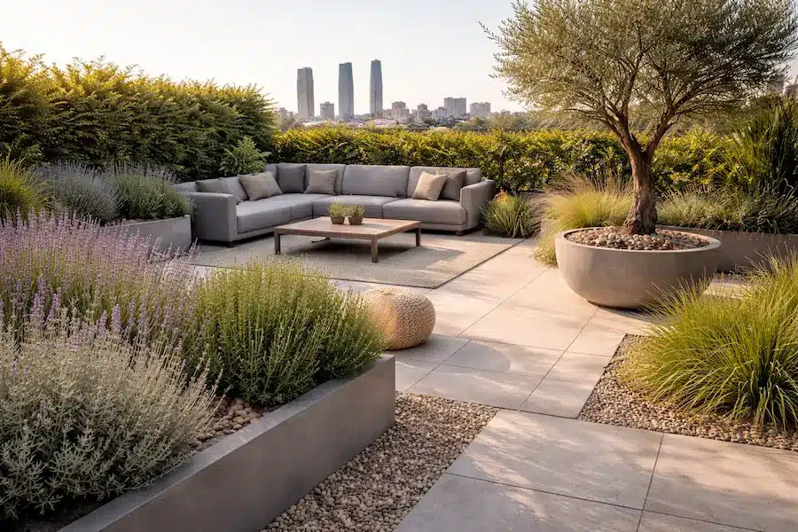 Terraza en azotea en Madrid transformada en jardín urbano con jardineras modernas, plantas mediterráneas y zona chill out.