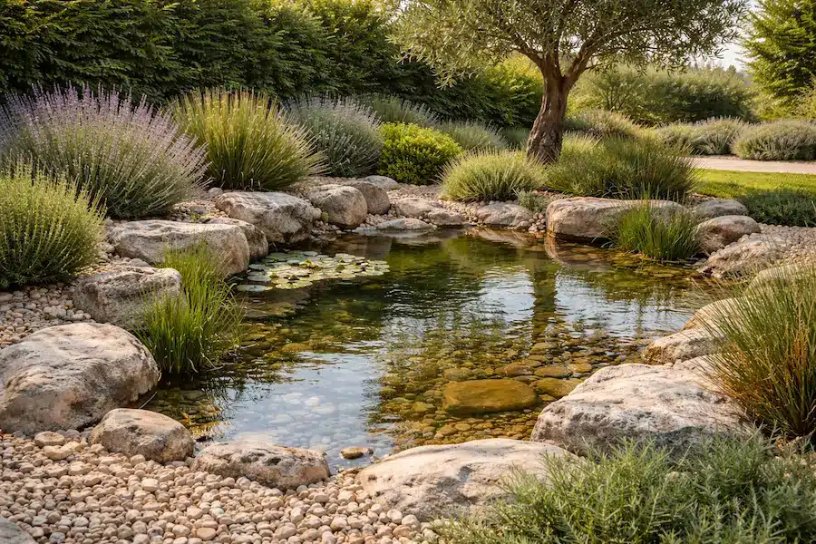 Estanque natural rodeado de rocas y grava en un jardín residencial de Madrid, integrado en un diseño de paisajismo con plantas mediterráneas.