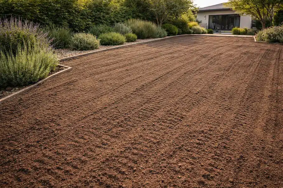 Terreno de jardín en Madrid preparado y nivelado para sembrar césped natural, con tierra vegetal fina lista para la siembra.