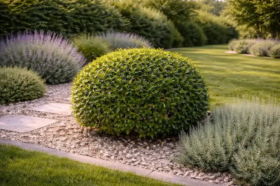 Arbusto ornamental recién podado en un jardín residencial de Madrid con borduras de lavanda y grava decorativa, mostrando mantenimiento profesional del jardín.